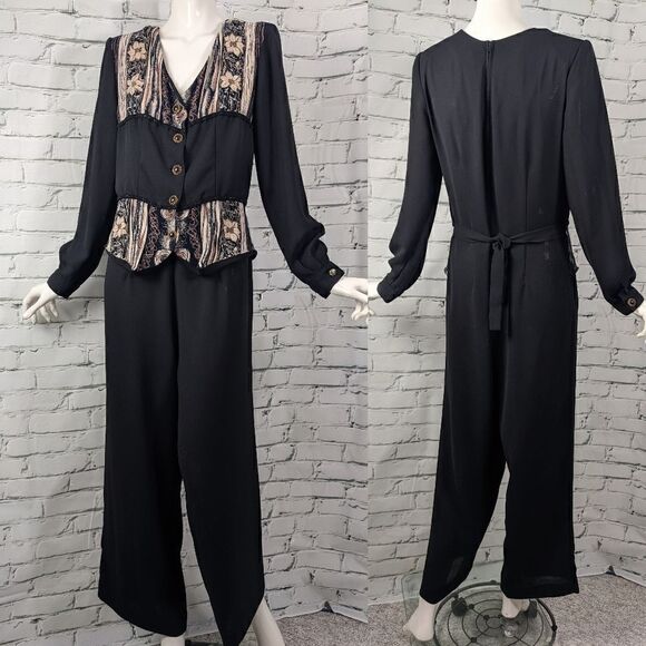 90s jumpsuit, black jumpsuit, one piece pant suit, wide leg pant suit SZ 8 - Picture 1 of 9